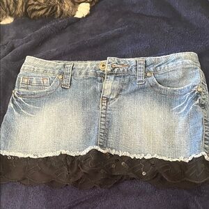 YMI Blue Denim Mini Skirt with Black Lace